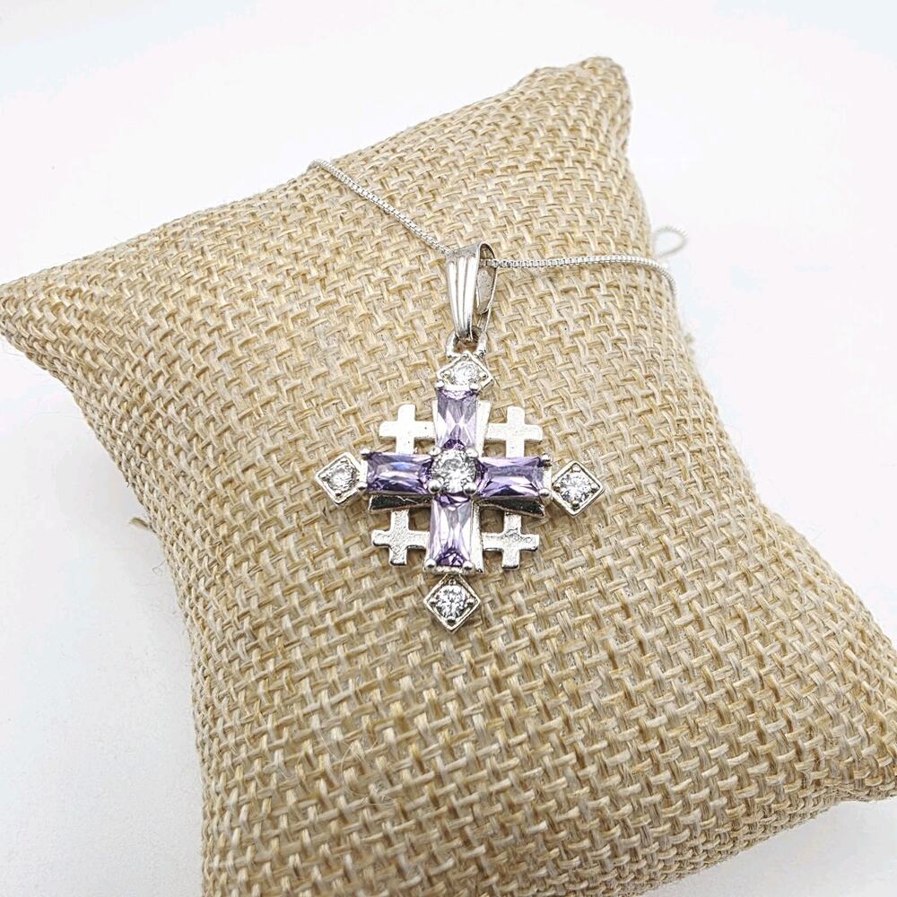 SC JERUSALEM 925 Sterling Silver Purple CZ Cross Necklace